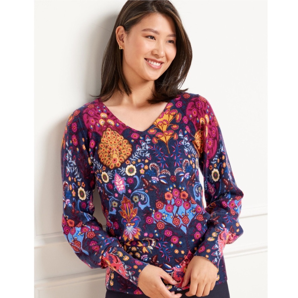 NWT Talbots 100% Cashmere Long balloon sleeve sweater. Multi color Medium petite